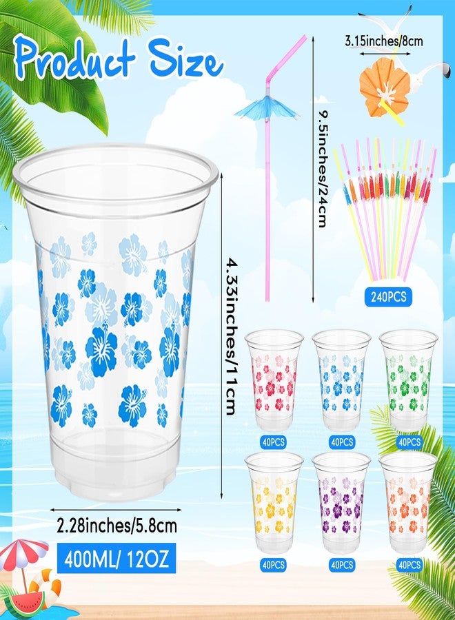 Qinyoung 240 Pcs Hibiscus Plastic Cups and 240 Pcs Umbrellas Flower Straws 12oz Clear Disposable Cups for Tropical Summer Hawaiian Birthday Beach Pool Party Supplies - Image 2